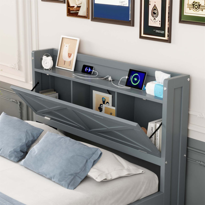 Lit en bois avec tête de lit, prises de courant et lit gigogne extensible avec trois tiroirs pour plus d'espace, Lit simple