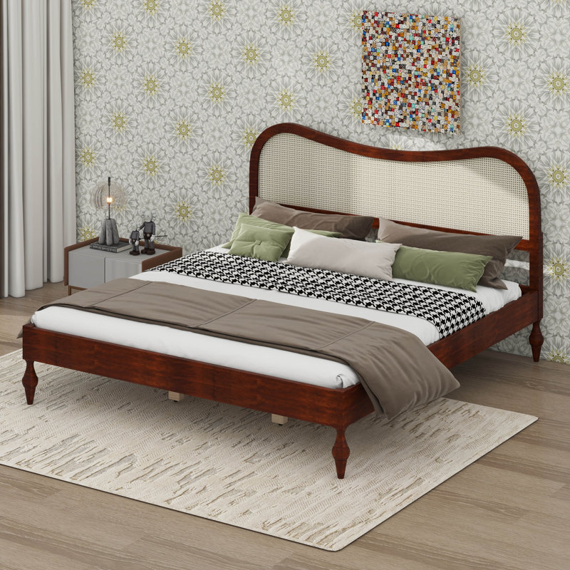 Cadre de lit avec tête de lit courbée en rotin, lit plateforme en bois avec sommier à lattes et rangement sous le lit, King