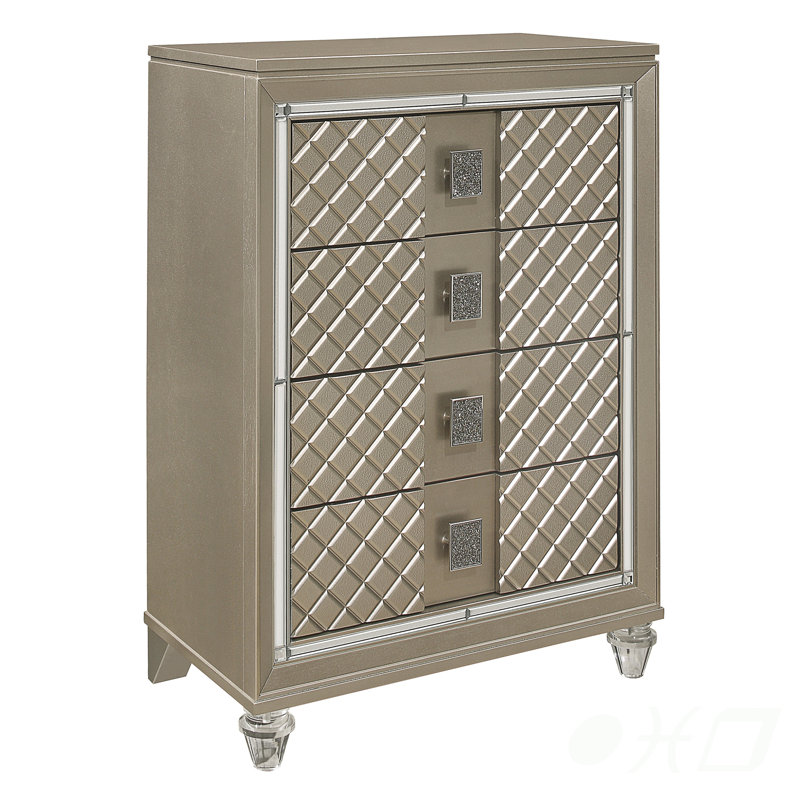 Commode glamour à 4 tiroirs avec pieds en acrylique et bordure de miroir biseautée glamour