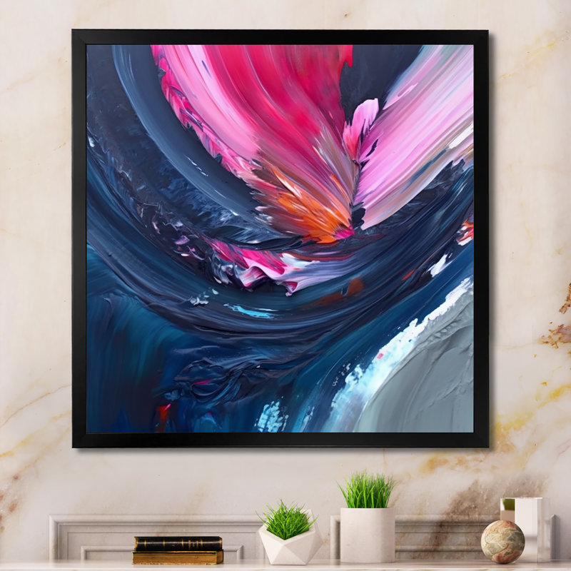 Dennice, art texturé abstrait bleu et rose, Cadre photo noir, H 30 po x l 30 po x P 1 po