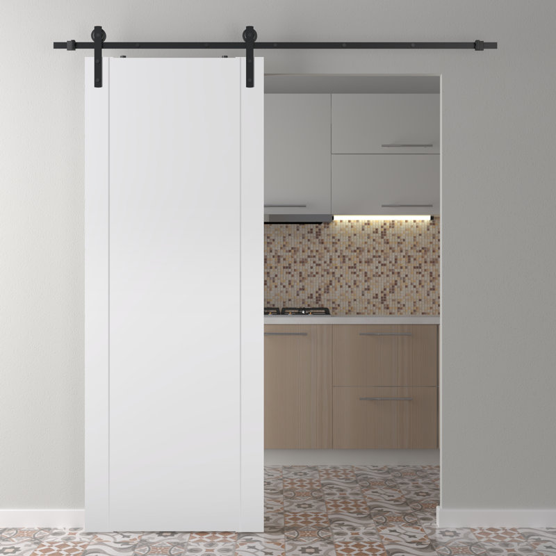 Porte de grange coulissante en bois manufacturé Optima 2U avec trousse de quincaillerie, 17,75 po x 79,37 po, Blanc
