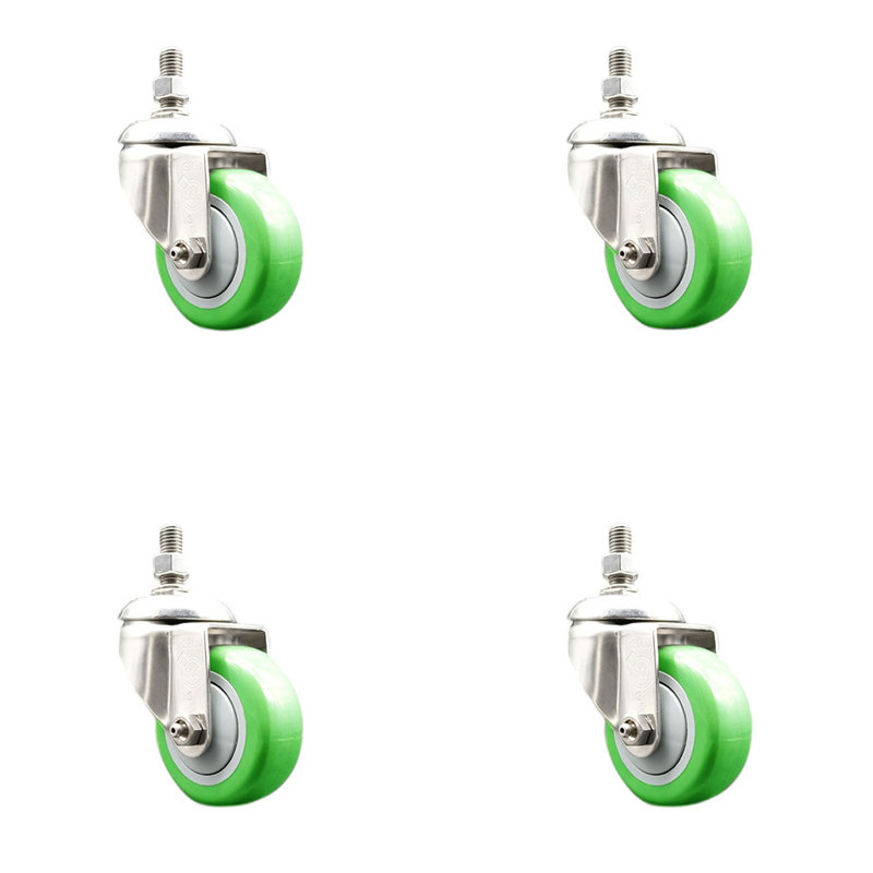 Ensemble de roulettes à tige filetée de 3,5 pouces en polyuréthane pivotant de 3,5 pouces de 3/8 pouce, Vert