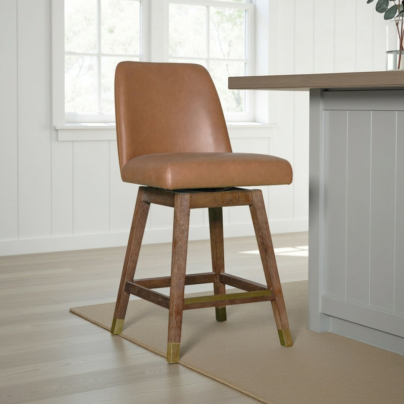 AMELIA 26 "COMPTOIR HAUTEUR - Bois de châtaignier avec similicuir caramel, Toffee