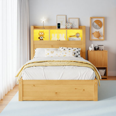 Wood Bed With Storage Headboard And Pull Out Storage Cabinet