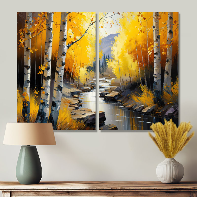 Chemin dans la forêt jaune IV - art mural traditionnel vert 2 pièces, H 36 po x l 48 po, Toile tendue, Ne s’applique pas