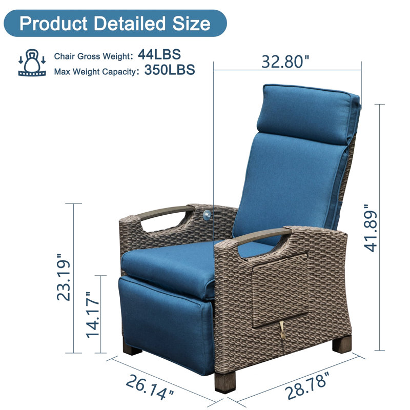 Patio Recliner With Ergonomic Curve And Thick Cushions - Blue For Outdoor Leisure Hand-Woven , Protected, Navy