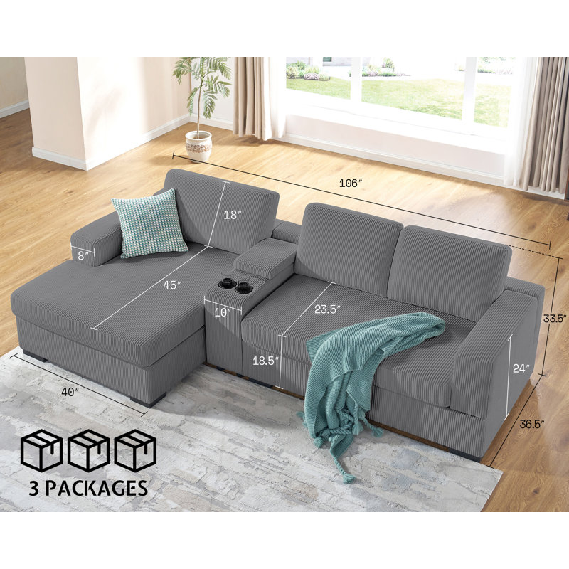 Grey 106-Inch L-Shaped Sofa with Left-Facing Chaise Lounge, Oversized Comfy Couch with Storage Console & Charging Socket