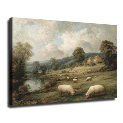 Paysage rural vintage avec moutons en pâture et maison en pierre, grande toile tendue sur châssis pour salon ou chambre.