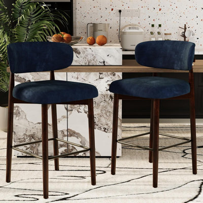 Set of 2 Upholstered Bar Stools – 26" Counter Height, Linen Fabric, Curved Back, Wood Legs for Kitchen Island