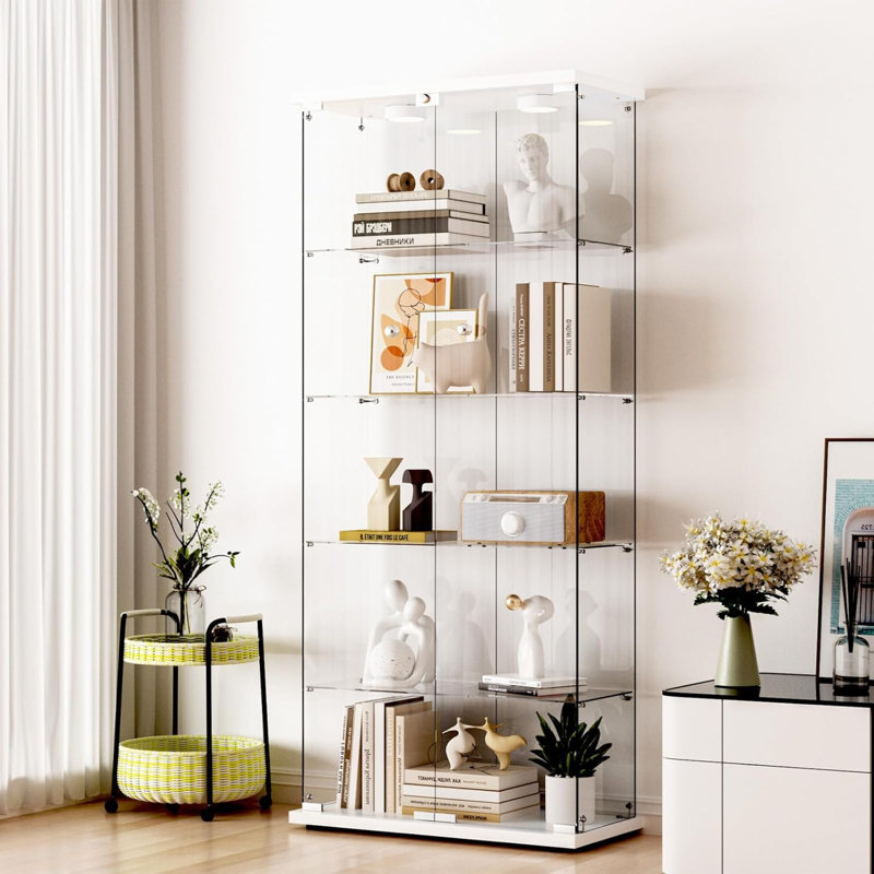 Armoire polyvalente en verre trempé à 5 tablettes avec éclairage DEL - affichage élégant pour les espaces de vie