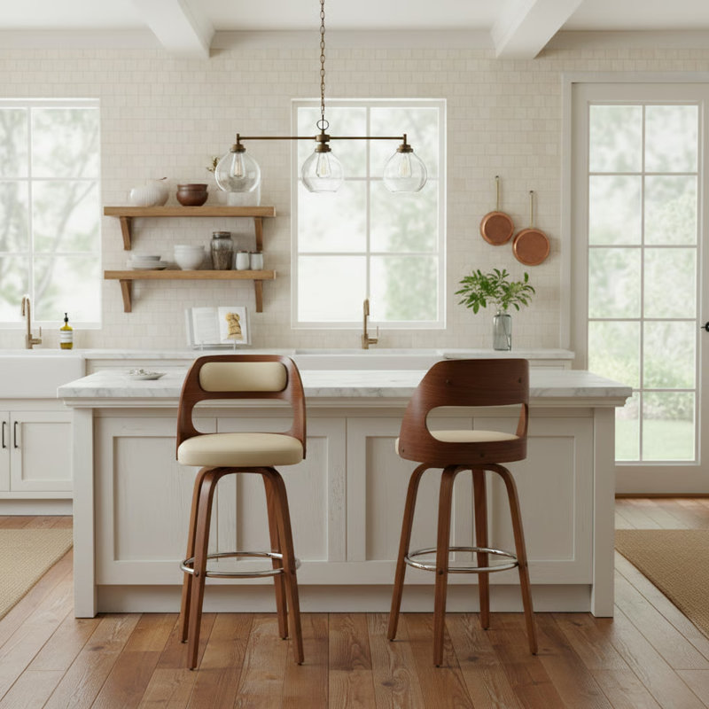 30" Cream Faux Leather and Walnut Wood Bar Stool, Bar Stool (30" Seat Height)