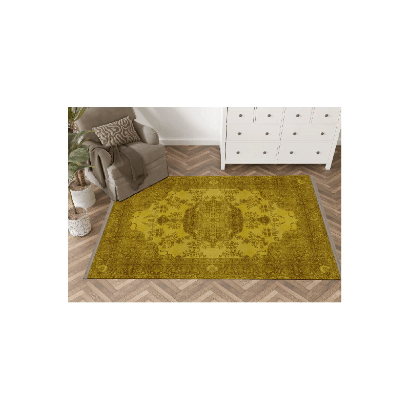 Tapis décoratif rétro à motif jaune, Rectangle 5 pi 1,02 po x 7 pi 6,55 po