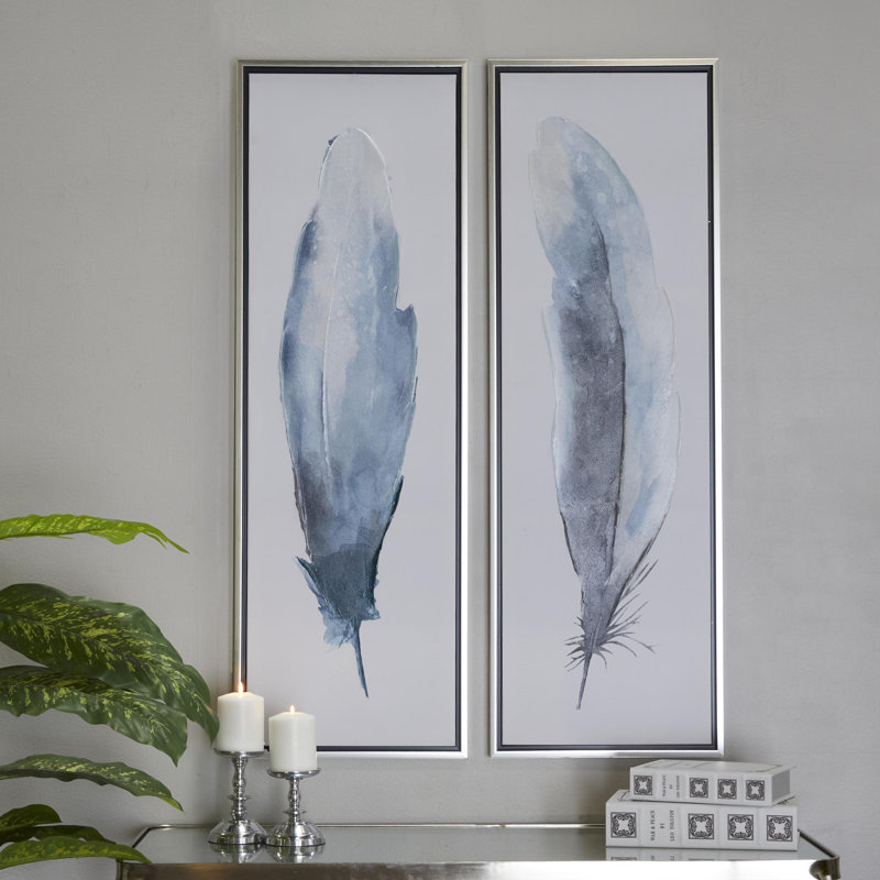 Toile, plumes et oiseaux, ensemble encadré bleu avec cadre argenté