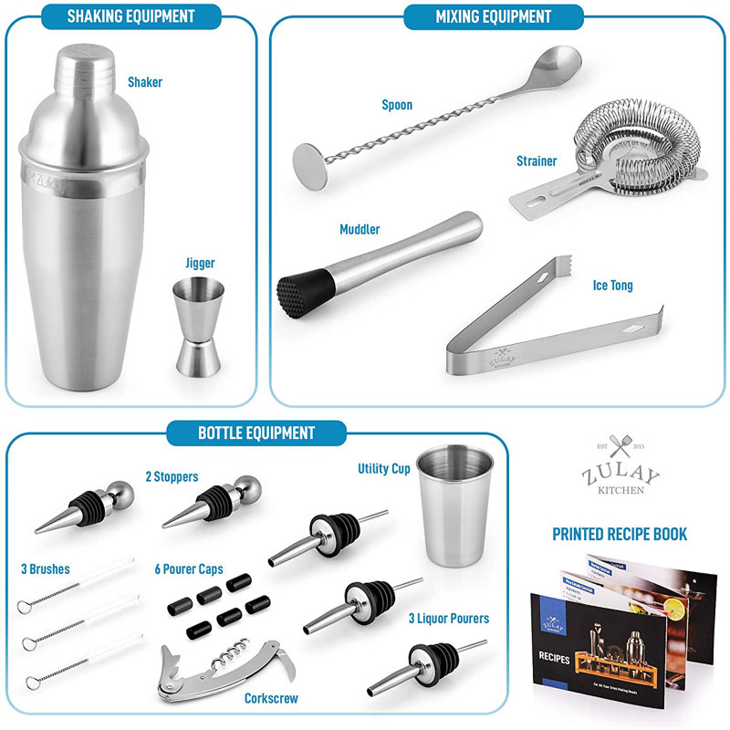 Zulay 24-Piece Stainless Steel Bartender Set with Bamboo Stand