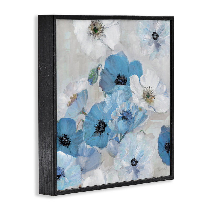 Fleurs bleues et blanches, estampe numérique par Sally Swatland, Giclée encadrée noir minuit, H 12 po x l 12 po