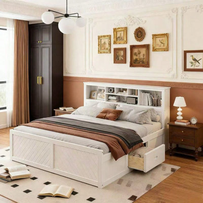 King Size Wood Platform Bed with Multi-Storage Headboard, USB Ports & Drawers, White Modern Storage Bed with Charging Station & Ample Storage (Mattress not included)