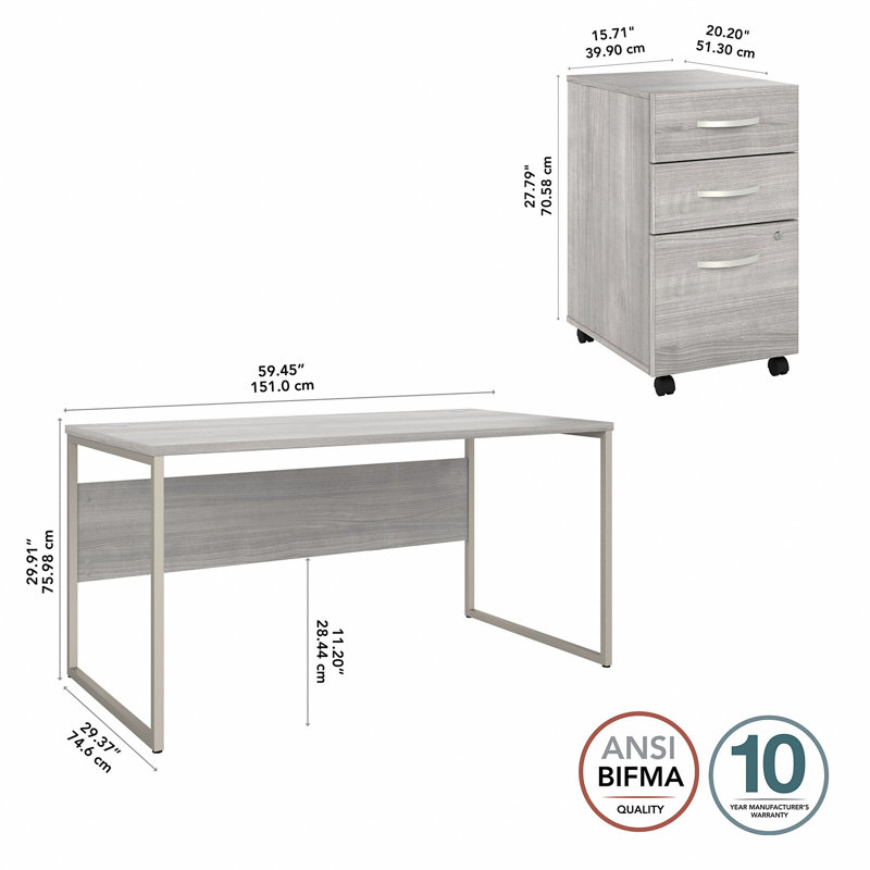 Desk And 3 Drawer Mobile Pedestal, 29.91" H x 59.45" W x 29.37" D, Platinum Gray