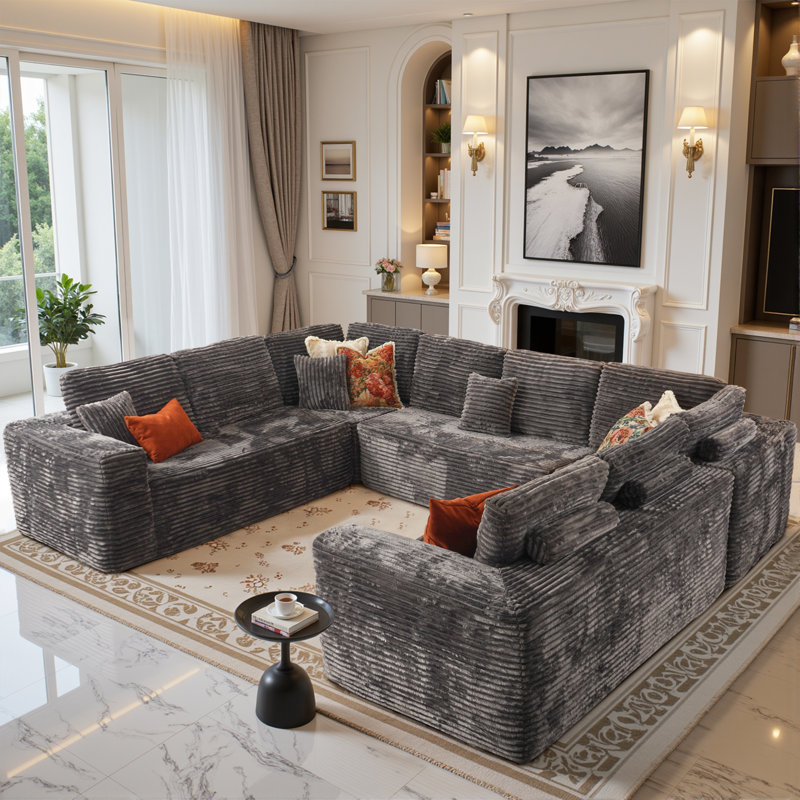 Koyu Cloudelle Compression Packed 5-Piece Boneless U-Shaped Plush Corduroy Sectional Sofa – Deep Seat, No Assembly