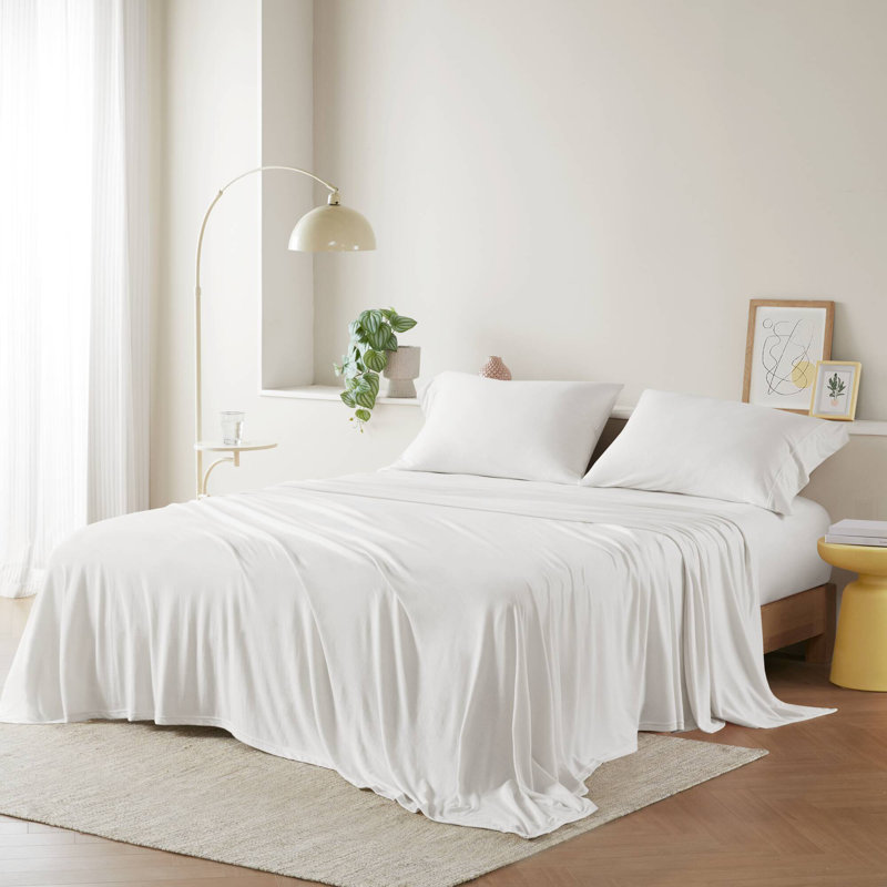  Ensemble de draps en tricot de coton toutes saisons, Ensemble de draps pour grand lit avec 2 taies d'or, Blanc