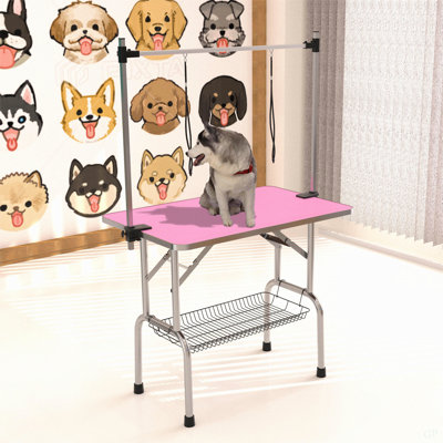 42" Folding Dog Pet Grooming Table Stainless Steel Frame Rubber Mat On Board With Adjustable Arm And Clamps Pet Dog Cat Grooming Table (PINK COLOR)