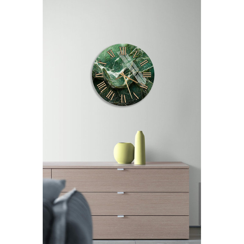 Horloge murale en marbre vert - Art abstrait pierre émeraude - Décoration moderne en verre trempé - Horloge ronde de luxe inspirée de la nature pour le salon