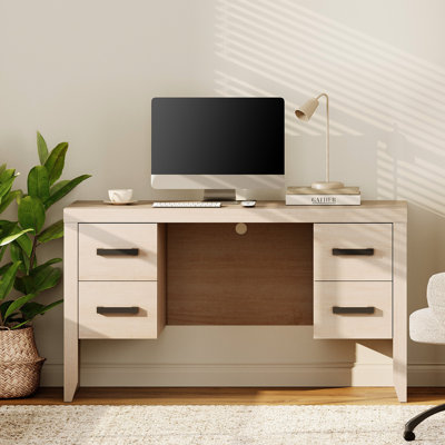 54" Farmhouse Executive Home Office Desk With Power Outlet, Large Computer Workstation With 2 Storage Drawers, Rustic Wood Writing Table