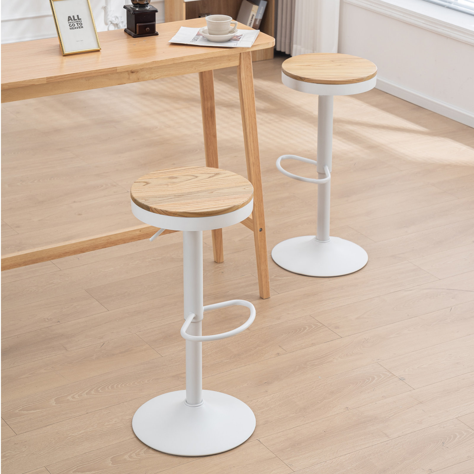 Jaina 15.2" W Solid Wood Swivel Adjustable Height Bar Stool , 2, Brown/White
