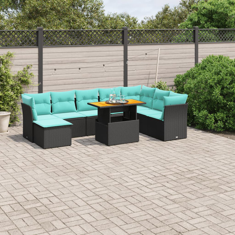 9 Piece Patio Sofa Set With Cushions Poly Rattan, Light Blue, Black