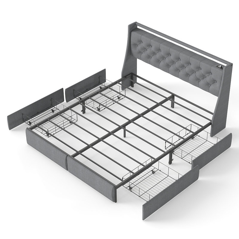 Structure de lit grand format en métal avec station de charge et lumières DEL, 4 tiroirs et tête de lit capitonnée, gris