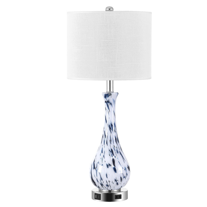 Darrius 27.5" Blue Glass Table Lamp with USB Type-C Ports and Built-in Outlet
