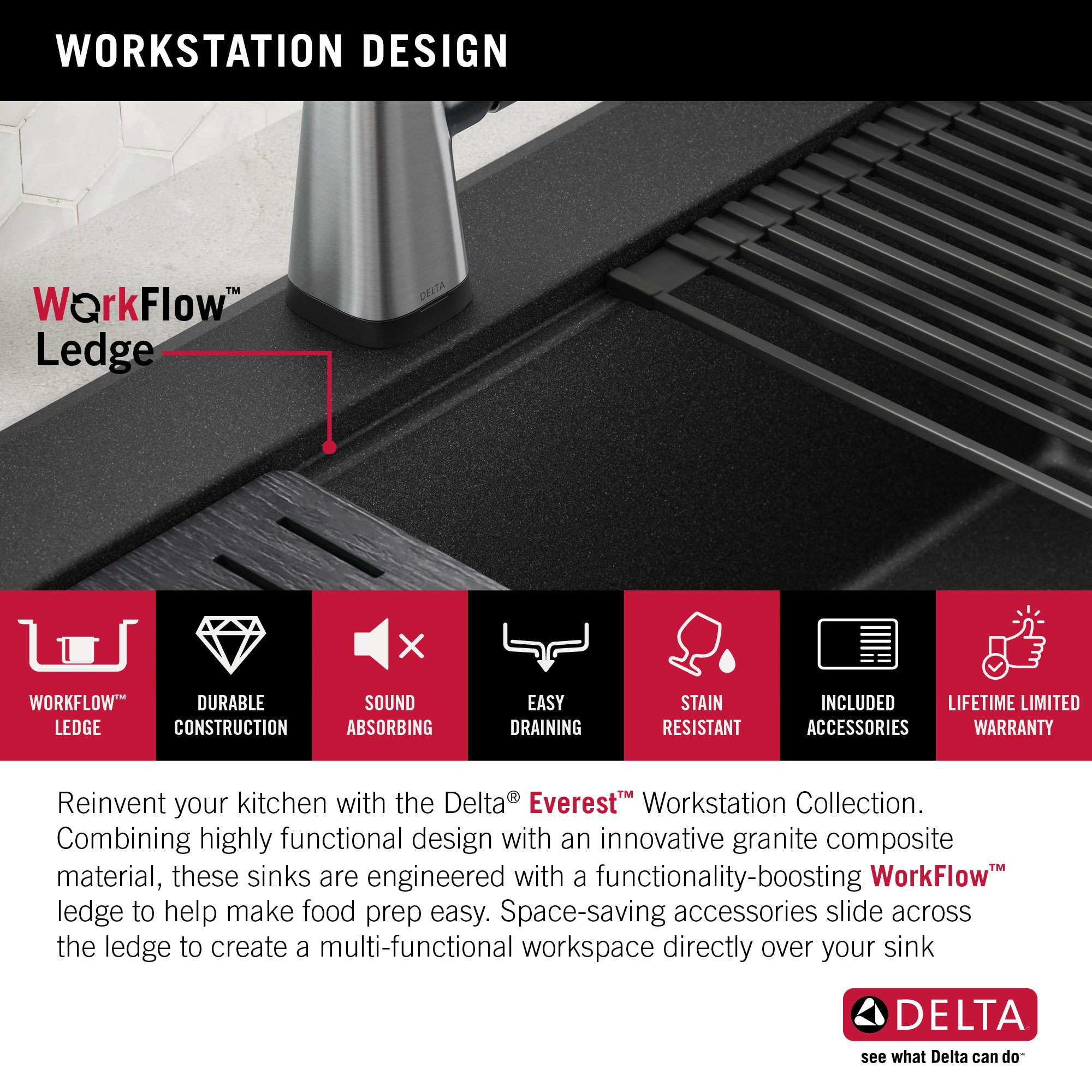 DELTA Everest™ 30" L Granite Composite Workstation Kitchen Sink Drop-In Top Mount Single Bowl with WorkFlow™ Ledge, Black
