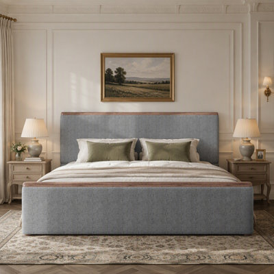 King Size Upholstered Platform Bed with Wood Decoration