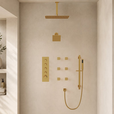 Système de douche thermostatique à double effet pluie de 40 cm (16 po) à montage au plafond, avec 6 jets corporels et douchette à main.