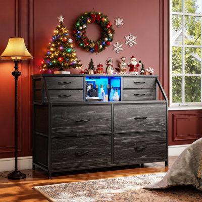 8 Drawer Dresser For Bedroom With Power Outlets & Led Lights, Chest Of Drawers With Open Shelves