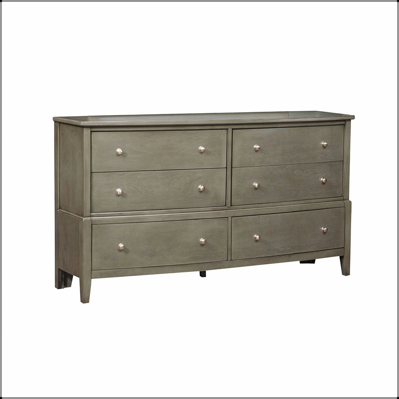 Desser en bois de style transitionnel gris avec six tiroirs de rangement et des glissières à roulement à billes pour un fonctionnement en douceur