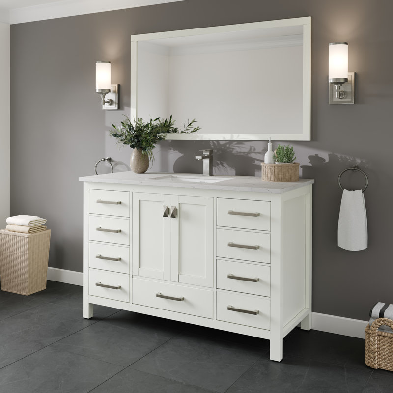 White Solid Wood Bathroom Vanity with Carrara Quartz Countertop