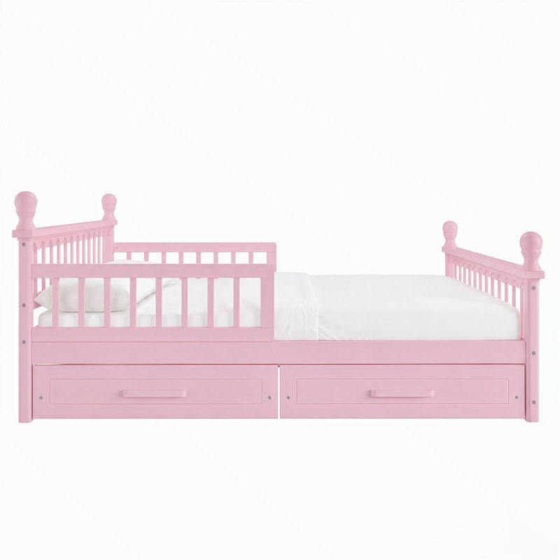 Lit plateforme avec 2 tiroirs de rangement sous le lit et des barrières de sécurité, Double, Rose