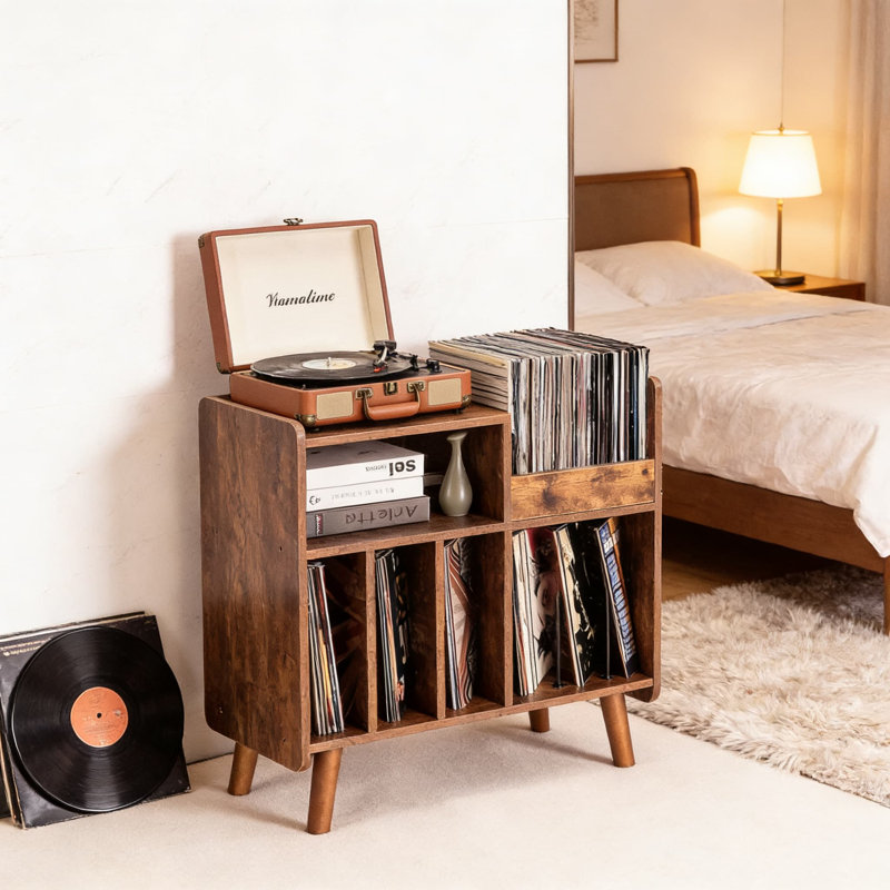 Record Player Stand With Vinyl Storage, Mid Century Modern Turntable Cabinet With Open Display Shelf, Holds 350+ Albums, Solid Wood Construction For Living Room And Bedroom