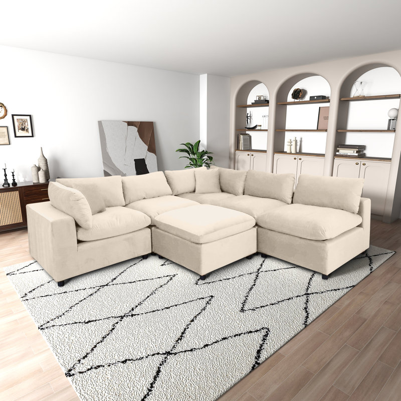 6 - Piece Upholstered Sectional, Ivory Velvet