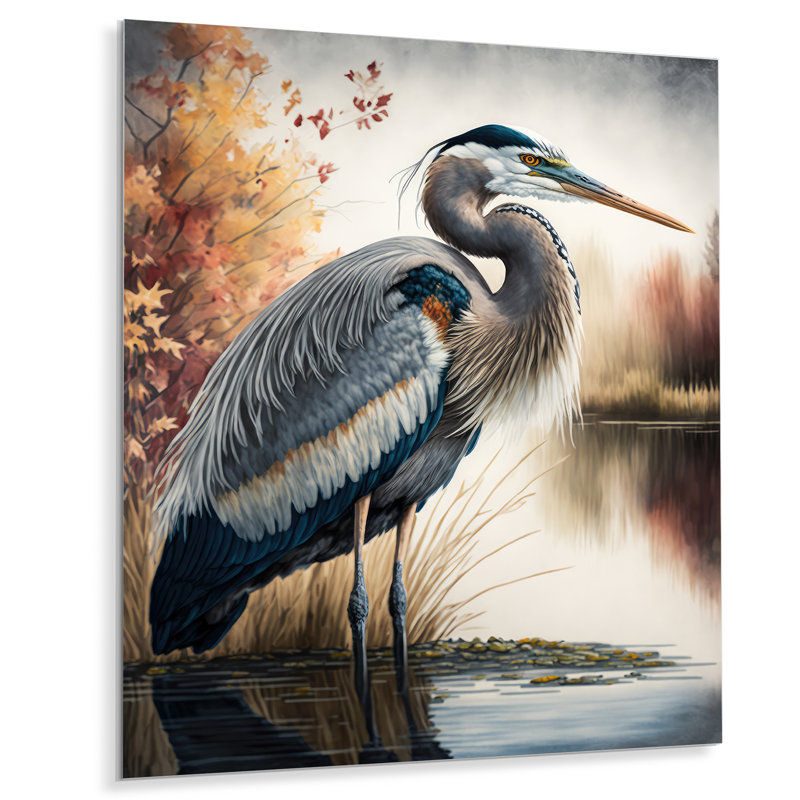 Vibrant héron dans un lac, art floral IV - décoration murale moderne en métal, H 32 po x l 16 po x P 1 po