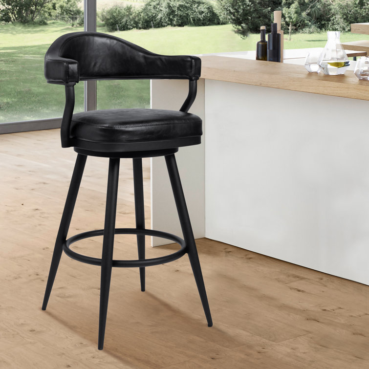 Adelita Modern Swivel Counter or Bar Height Bar Stool with Arms in Faux Leather, and Metal Frame