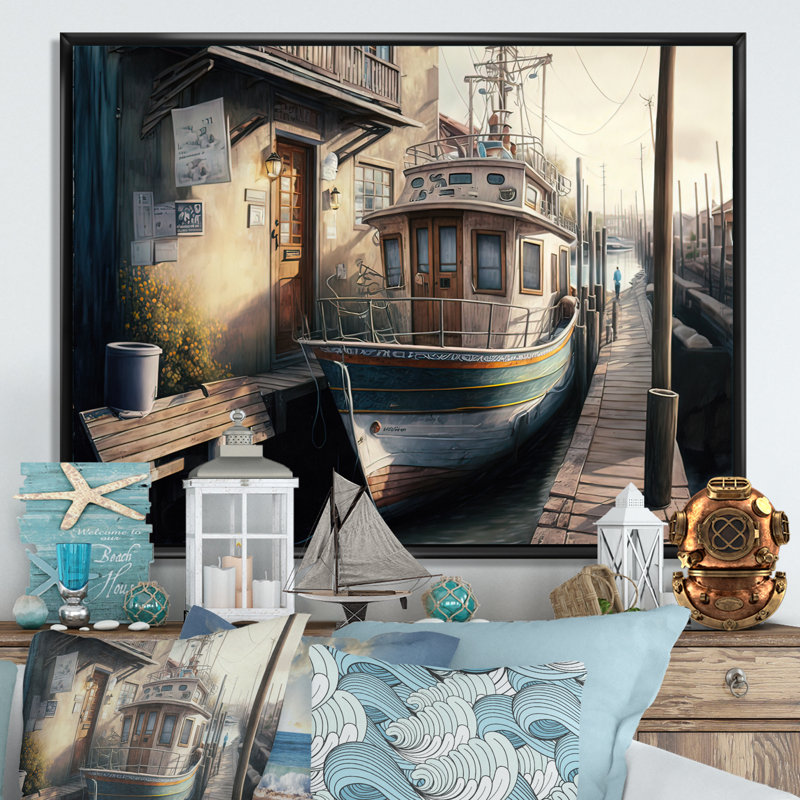 Port rustique avec un bateau de pêche IV - Peinture sur toile, H 30 po x l 40 po x P 1,5 po, Toile avec cadre flottant noir