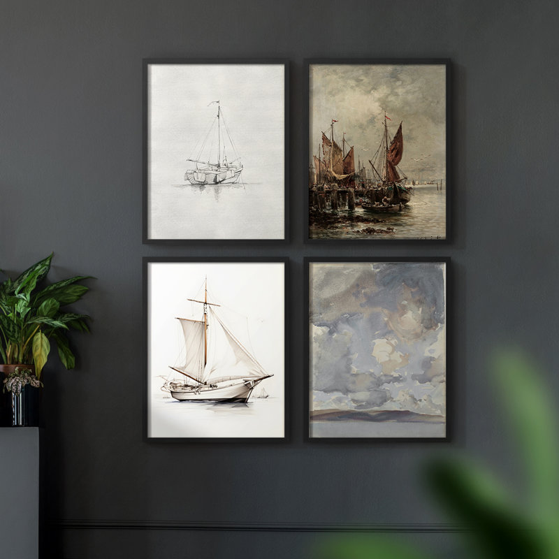 «Vintage Nautical XX», 4 pièces sur papier, Noir, H 14 po x l 44 po
