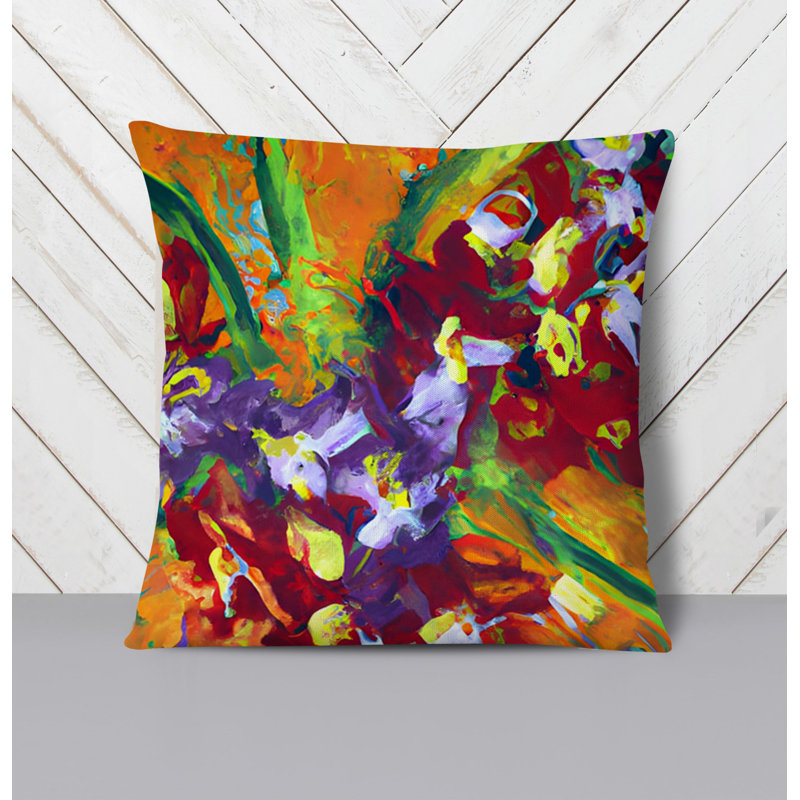 Throw Pillow With Insert, Green/Orange Floral/Abstract 3, 20"H x 20"W