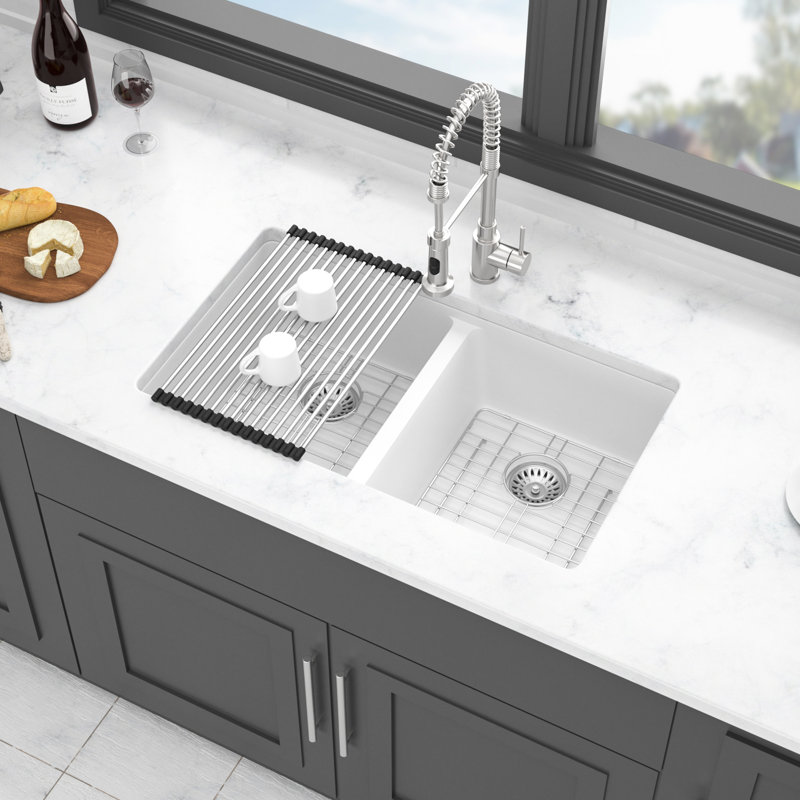 White Quartz 33X19" Double Bowl  50/50  Undermount Kitchen Sink, High - End, And Smooth, Package With Bottom Grid Installation Clips End Material, Smooth , Assembly Template