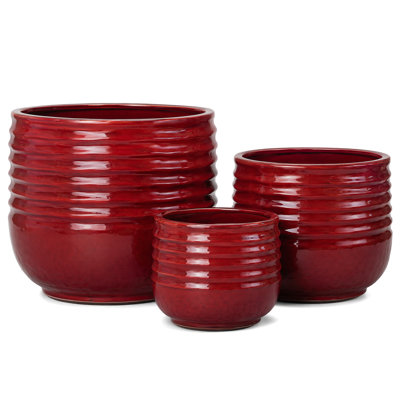 Set of 3 Handmade Glazed Ceramic Planter with Horizontal Groove Pattern and Drain Holes, 15/11/8 Inch Diameter