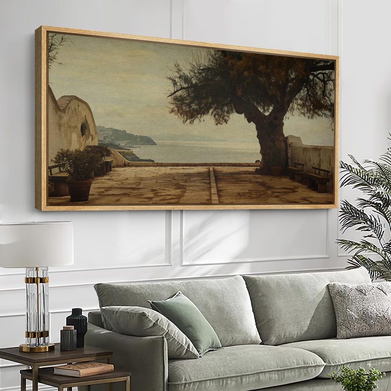 Art moderne rétro sur cour avec arbre et bancs, H 30 po x l 60 po, Naturel