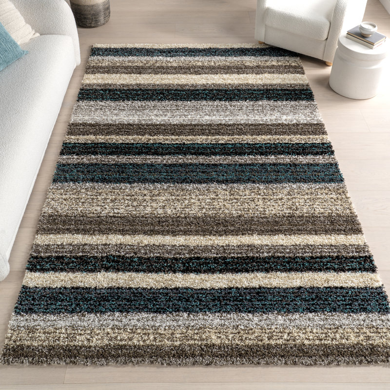 City Striped Shag Tufted Performance Brown/Teal/Blue Rug, Rectangle 7' x 9'