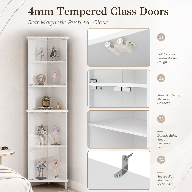 173cm Tall Corner Glass Display Cabinet with Wood Legs, 2-Tier Storage & Magnetic Doors, White  