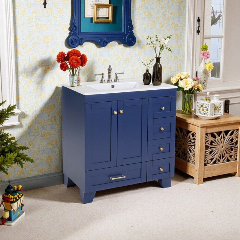 Meuble-lavabo 30 po avec lavabo en céramique, Bleu / doré